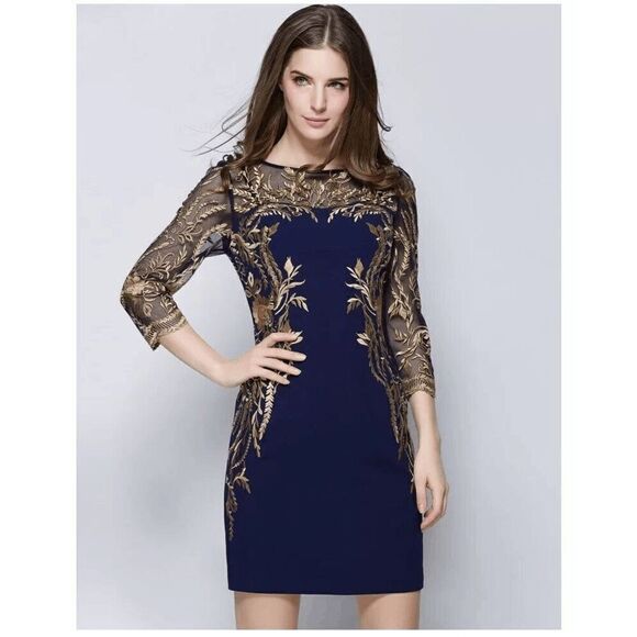 💙 NWT Blue Gold Floral Embroidered ¾ Mesh Sleeves Formal Sheath Dress SIZE 6 - Picture 3 of 15